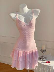 Comfortcana 女士粉色蝴蝶结装饰吊带连衣裙 - 粉色 - 查看 6