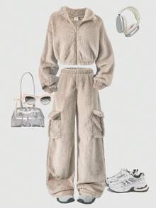 SHEIN ChillGRL 2pcs/Set Tween Girls Soft Fleece Turtleneck Jacket & Cargo Pants,Khaki,Winter,Casual,Family Matching Loose Street Style Autumn Outfits - Apricot - View 3