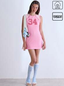 COUREZ Vestido de tirantes universitario con superposición de malla / Atuendos de verano de estilo callejero Y2K para mujeres Vestidos de verano de algodón vintage - Rosa - Ver 1