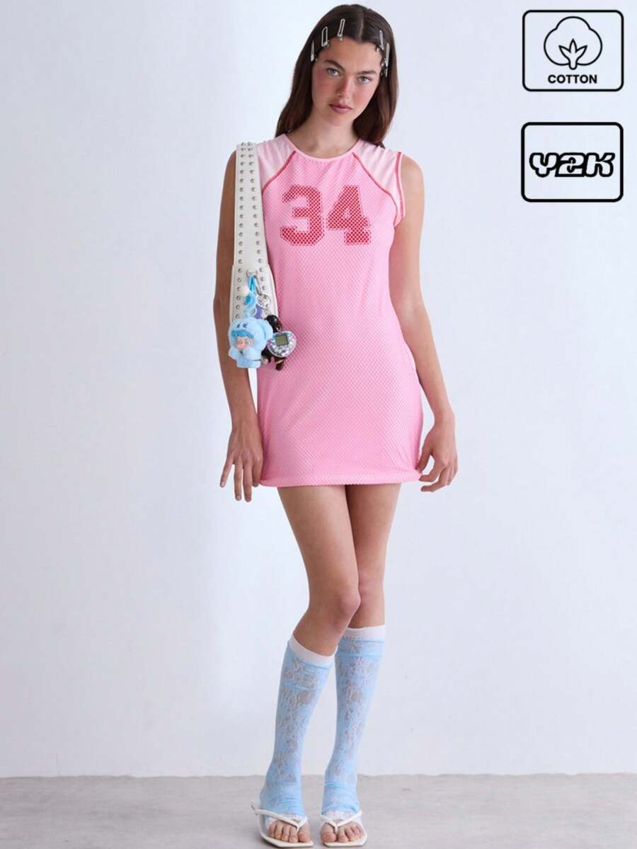 COUREZ Vestido de tirantes universitario con superposición de malla / Atuendos de verano de estilo callejero Y2K para mujeres Vestidos de verano de algodón vintage - Rosa - Ver 1
