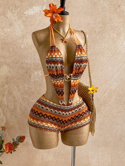 Soleia New Textured Knit Striped Metal Decor Romper, Suitable For Party, Date, Valentine's Day, Easter, Carnival, Afternoon Tea, Beach, Cruise, City Vacation, Bohemian, Boho, Romantic Floral,Carnival