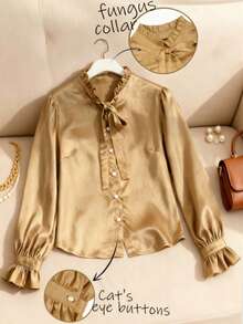 Franclia Plus Size Women Elegant Gold Autumn Frill Trim Lantern Sleeve Metallic Sheen Silk Satin Blouse, Brown Shirts For Women - Gold - View 4