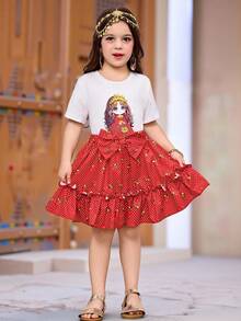 Set de 2 piezas de camiseta de punto de manga corta con cuello redondo y estampado de niña linda y falda con volantes de parches con estampado floral de rosas y lunares, color rojo, para niñas pequeñas en vacaciones - Rojo - Ver 5