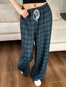 Dream Adore Women's Casual Plaid Print Lounge Pants, Straight Leg, Relaxed Fit, Spring & Autumn - Dark Green - View 5