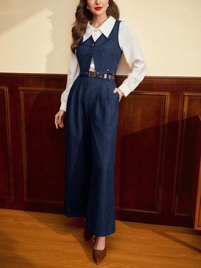 Vintamour Vintage Elegant Women's 2 Pieces Set V-Neck Sleeveless Vest With Buttons Belt Loop High-Waisted Wide Leg Pants Brown Casual Holiday Women Tops Clothes For Women Two Pieces Set Women New Years Women Outfit Christmas Outfit Women Vest 2 Pieces Sets Ladies Business Casual Woman Blazer Christmas Outfit Matching Sets Women Crop Tops Women Office Wear Women Work Pants Dress Pants Women Valentine Day Valentines Valentine's Day,Cozy And Clothes For Women Denim Jumpsuits For Woman Overall Jean Rompers For Women Spring