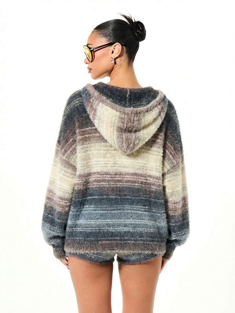 SUMWON WOMEN Cárdigan de punto con capucha y rayas ombré de gran tamaño