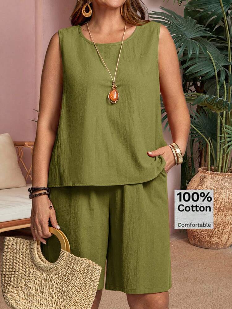2pc Plus Size Women's Summer Casual Vacation,Solid Color Minimalist Sleeveless Top And Pants 2 Pieces Set,Spring Break Outfits ,Vacation Outfits Women ,Holiday Outfits For Women,Going Out Outfits,2026 New Clothes,Simple And Fashionable For Everyday Wear, Two Piece Set Women Summer, Comfy Sets Summer Women