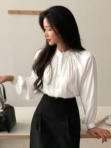 DAZY 纯色纽扣前插肩袖衬衫、长袖上衣、秋装 - 白色 - 查看 3