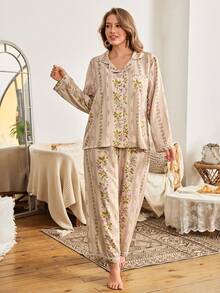 Serenescape Plus Size Ditsy Floral Ruffle Collar Long Sleeve Pajama Set - Multicolor - View 6