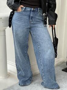 秋冬女式口袋阔腿宽松休闲保暖内衬牛仔裤，冬季外出保暖卡其色羊毛内衬做旧低腰直筒蓝色牛仔裤 - 中等水洗藍 - 查看 3