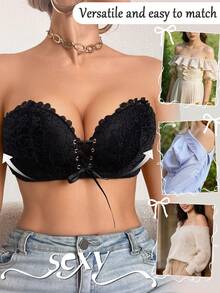 DesireSculpt 1pc Women's Wireless Lace Padded Bra, Comfortable & Supportive, Black - Black - View 8