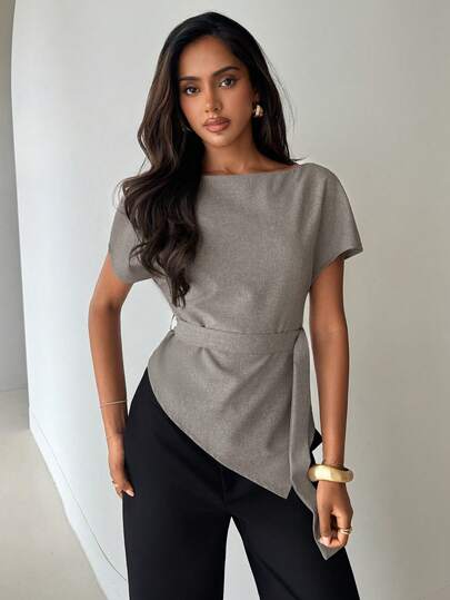 Aloruh Oatmeal Off-Shoulder Asymmetrical Short Sleeve Blouse, Khaki Waist Cinched Elegant Business Commuter Top