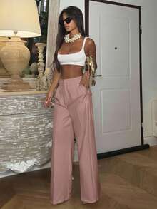 Ronhire Women High Waist Pleat Casual Straight Leg Trousers, Office Wear - Dusty Pink - View 4