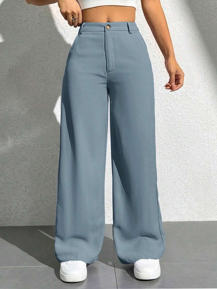 SHEIN PETITE Women's Solid Color Button Zipper Straight Leg Casual Pants - Blue - View 1