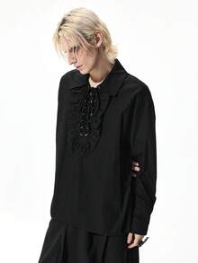 ROMWE MEN Men's Fashion Gothic Ruffled Collar Shirt - Black and White - View 4