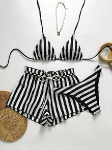 Swim Chiccia 26SS 女士夏季沙滩条纹吊带系带性感比基尼泳装套装，含罩衫和短裤，新款女士泳装到货，适合上学、度假、约会、下午茶、西式、邮轮、海滩、海岛、公路旅行、四季皆宜、音乐节、波西米亚风度假、秋日休闲、西式波西米亚风，优雅女士条纹两件套三件套沙滩套装女士夏季套装短裤泳衣套装女士沙滩套装 - 黑與白 - 查看 1