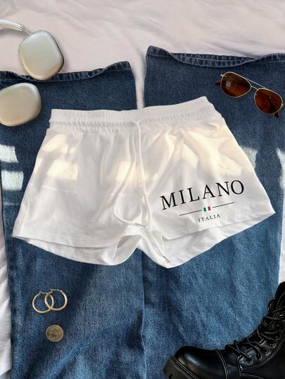Glimmora Pantalones cortos casuales y sueltos con cordón en la cintura y estampado de letras para mujer