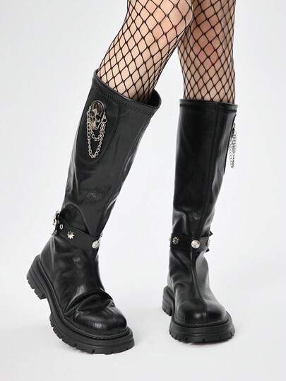 Grunge Punk بوت نسائية موضة طويلة الساق سميكة الأربطة مزينة بسلسلة للتنقل