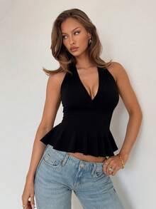 Almamuse Petite Women's V-Neck Ruffle Trim Sleeveless Camisole Top, Fitted Waist, Suitable For Spring Music Festivals - Black - View 4