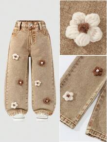 Young Girl Fashion Washed Stereo Floral Jeans - Khaki - View 2