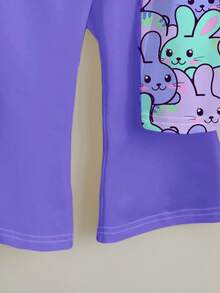 Cute Cartoon Colorful Rabbit Print, Easter, Young Girl Casual Cartoon Pattern Round Neck Short Sleeve Top And Flare Pants 2 Pieces Set, Suitable For Summer 5 6y Crop Top Purple Outfit Girl Trouser Party Outfit 8 Year Old Young Girls Purple Outfit Purple Sets For Girls Pants And Top - Multicolor - View 5