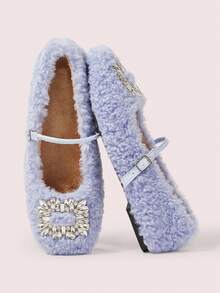 CUCCOO DOLLMOD Zapatos casuales de felpa cálida con hebilla decorada con rhinestones para mujer - Neblina azul - View 2