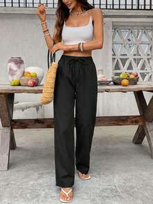 SHEIN Holidaya Quần jeans nữ ống đứng dáng rộng, màu trơn, cạp chun, dây rút, túi hông. - màu đen - Xem 4
