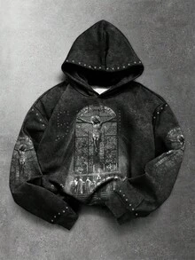 Manfinity EMRG Áo hoodie nam thiết kế phong cách đường phố với họa tiết Chúa Jesus và đá giả lấp lánh, thích hợp mặc mùa đông, áo nỉ mùa thu. - Nhiều màu - Xem 1