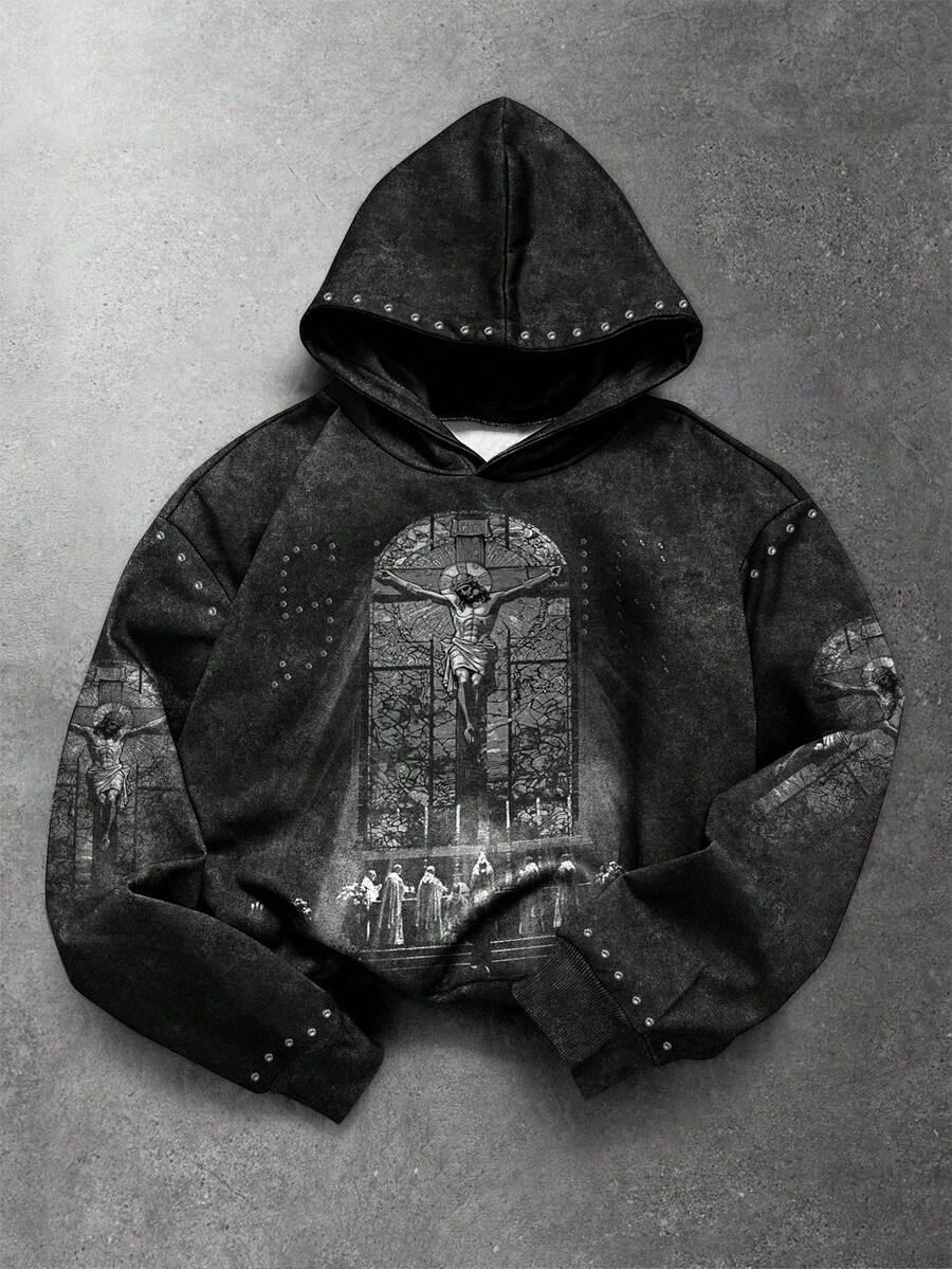 Manfinity EMRG Áo hoodie nam thiết kế phong cách đường phố với họa tiết Chúa Jesus và đá giả lấp lánh, thích hợp mặc mùa đông, áo nỉ mùa thu. - Nhiều màu - Xem 1