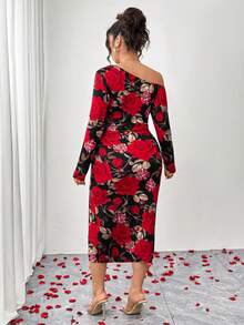 Elenzga 女士优雅浪漫不对称露肩开衩连衣裙 - 彩色 - 查看 2