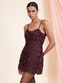 BELROSIE Embroidered Mesh Petal Rose Bodycon Mini Party Dress - Burgundy - View 3