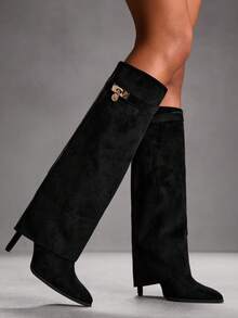 CUCCOO SZL 女士时尚黑色仿麂皮性感尖头细高跟过膝长靴，适合约会、派对及其他场合 - 絨面黑 - 查看 5