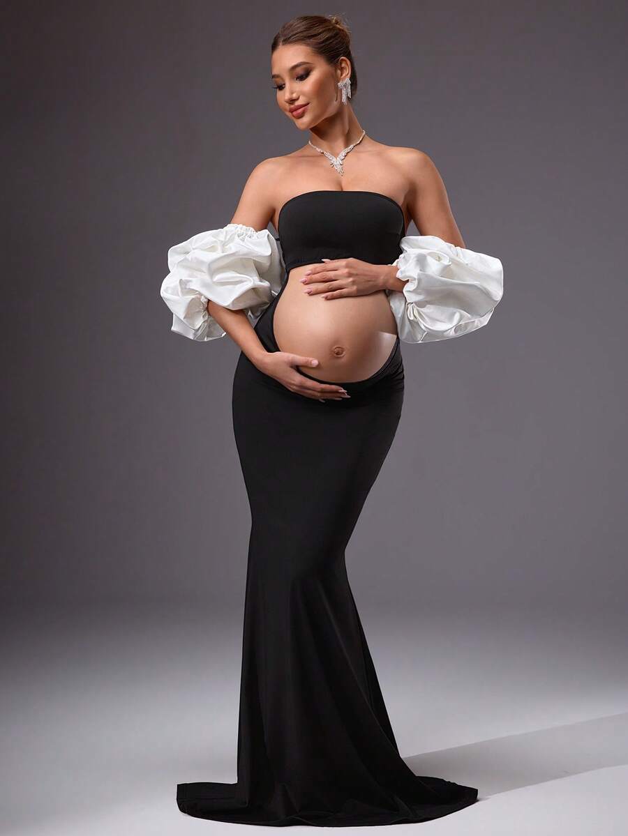 MaterniChic Maternity Clothes Maternity Dress Maternity Photoshoot Dress With Contrast Color Off-Shoulder And Cutout Waist Pregnancy Dress For Photoshoot Elegant Dresses For Women Baby Shower Dress  Pregnancy Photoshoot Dress Sexy Maternity Dress Elegant  Beach Dress Black