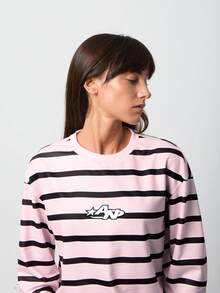 SURIMA Women's Casual Stripes Round Neck Striped English Letter Embroidered Long Sleeve Sweatshirt - Pink - View 6