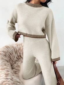 SHEIN EZwear 2pcs Women's Spring New Multicolor Contrast Trim Sweater Set - Multicolor - View 6