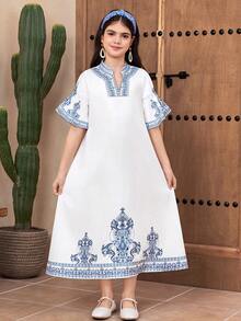 Tween Girls' Casual Vacation White And Blue Floral Summer Boho Holiday V-Neck A-Line Patchwork Flare Sleeve,Long Woven Dress - Baby Blue - View 6
