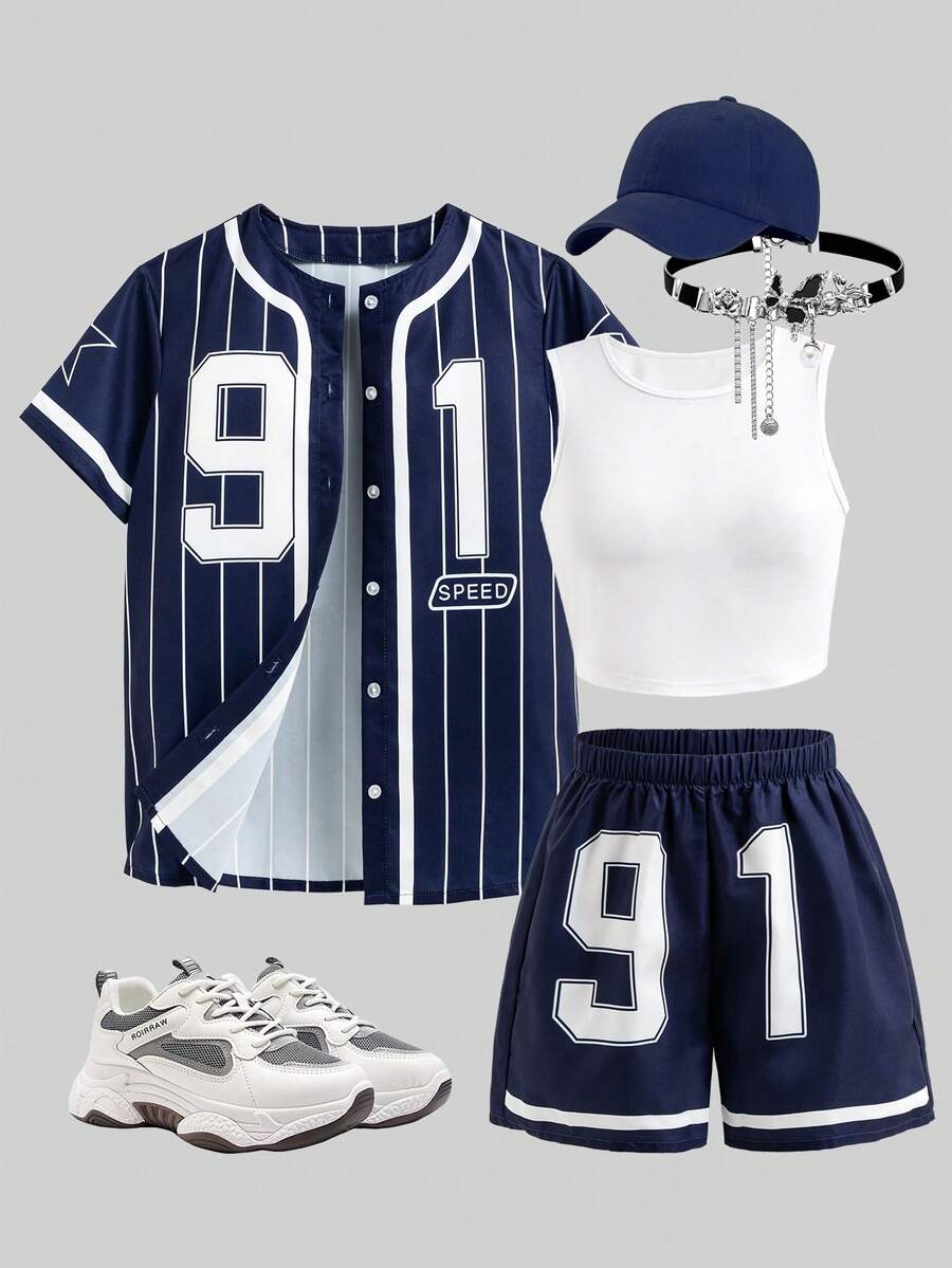 少女黑色条纹复古字母印花宽松外套、黄色修身吊带背心和黄色短裤 - 藍色 - 查看 1