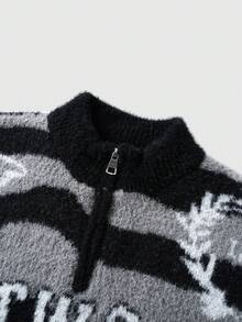 ROMWE MEN Herren Pullover mit Buchstaben- und Streifenmuster, Halbreißverschluss - Grau - Übersicht 4