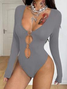 Coolane Women's Spring/Summer Streetwear Rave Outfit Music Festival Y2K Gyaru Cut Out Stretchy Grommet Eyelet Long Sleeve  Grey Jumpsuits