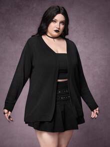ROMWE Goth 大码女式哥特植物与新月城堡刺绣网纱拼接薄款开衫 - 黑色 - 查看 3