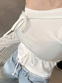 DAZY Áo thun nữ tay dài cổ lệch vai buộc dây bất đối xứng, kiểu dáng thường ngày, thích hợp cho mùa xuân. - trắng - Xem 8