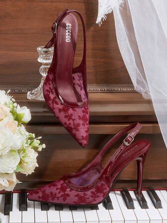 CUCCOO HITCHD Tacones altos elegantes con diseño de hebilla y bordado floral en la punta para mujer