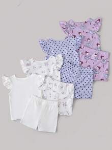 SHEIN 8pcs/Set Baby Girls 0-3 Years Spring/Summer Casual Daily Wear Cute Ballet Girl Sleeveless Tee Shirt & Shorts 8pcs Outfit Set - Mauve Purple - View 3