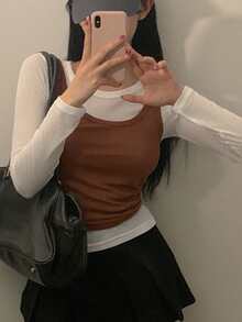 DAZY Women's Round Neck Long Sleeve Casual 2 In 1 T-Shirt,Going Out Tops For Women - Beige - View 4