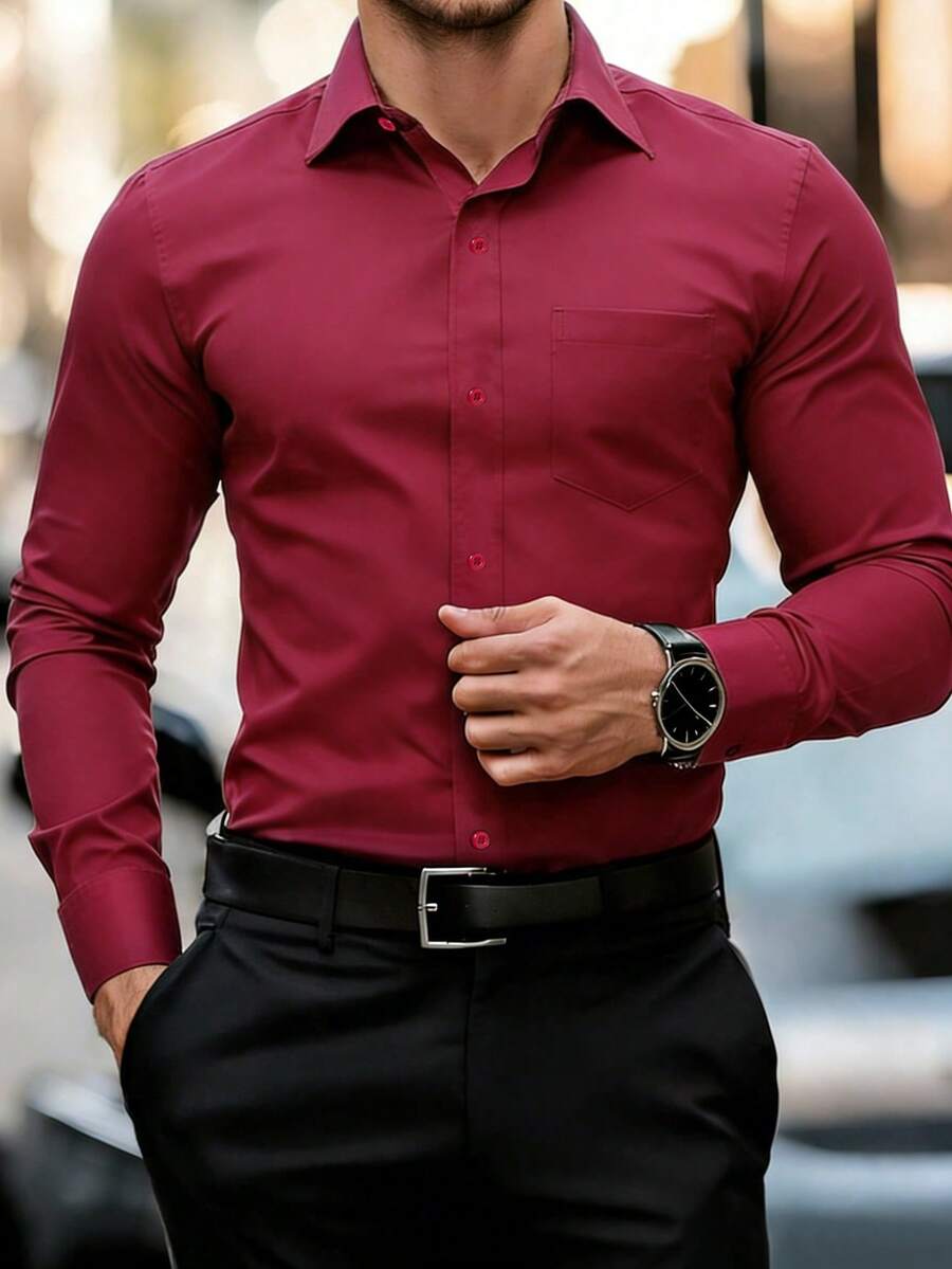 Manfinity Mode Camisa de manga larga con botones de unicolor para hombre, de estilo casual de negocios - Burdeos - Ver 1