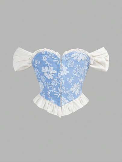 SHEIN Young Girl Elegant Jacquard Off-Shoulder Ruffle Corset Structure Hem Blouse, Spring/Summer Corset Tops For Girls Flower Top Blue And White Girl Shirt