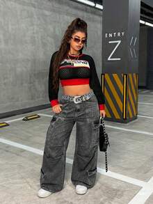 Jeanoix Quần jean denim dáng rộng, thoải mái, kiểu cargo, cỡ lớn, có túi. - Màu xám đen - Xem 8