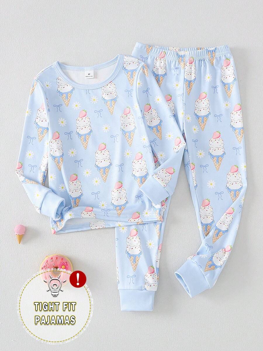 2pcs Girls Toddler Cute Ice Cream Print Crew Neck Long Sleeve Top And Leggings Soft Comfortable Pajama Set - Multicolor - View 1