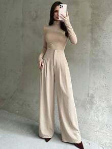 Firerie Quần nữ ống rộng xếp ly cạp cao có khóa kéo, màu đỏ cà tím, kiểu dáng thanh lịch, thường ngày, phù hợp đi làm, đi học, đi làm công sở. - Màu be - Xem 4