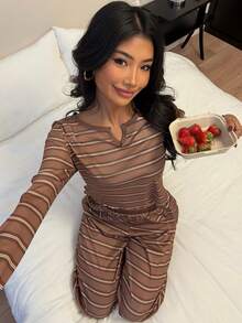 SHEIN Autumn Striped Comfortable V-Neck Long Sleeve Pajama Set - Brown - View 4